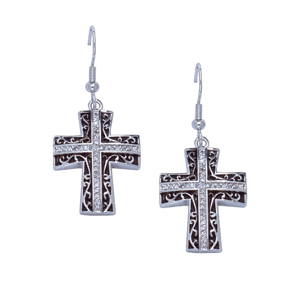 Rhinestone Cross Earrings in Antiqued Filigree (ER1185)