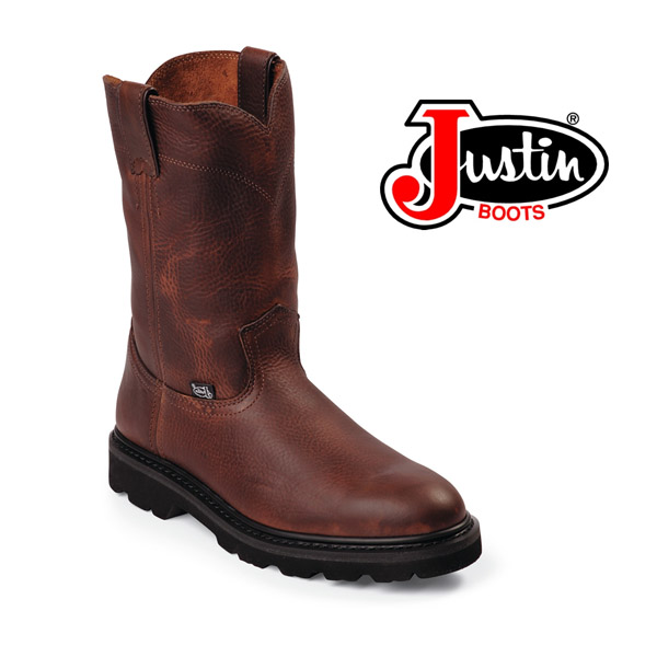 Mens Justin Pull On Work Boots Tan Premium Leather Round Toe Medium WK4905