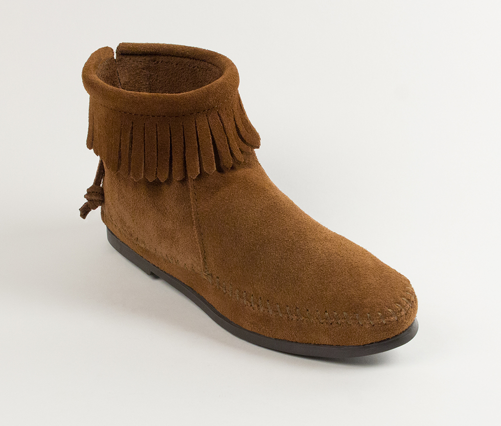Womens Minnetonka Dusty Brown Suede Hardsole Back Zipper Boot