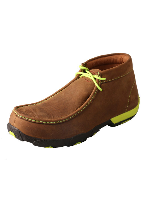 Mens Driving Moccasins  Distressed Saddle/Neon Yellow  Steel Toe