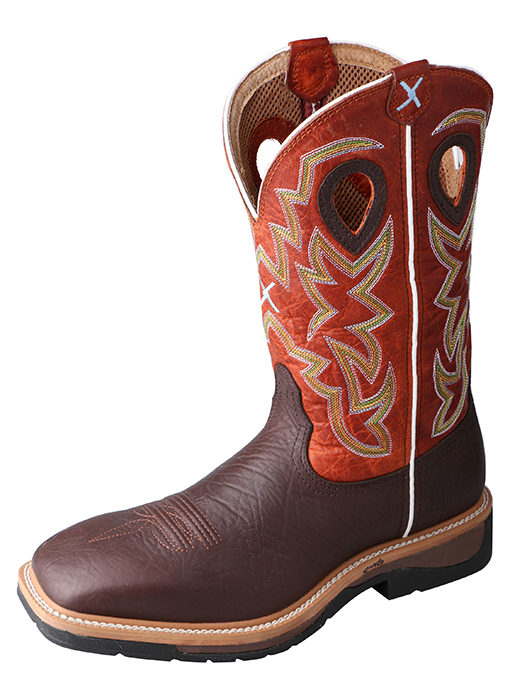 Mens Steel Toe Lite Western Work Boot Brown Oilded Shoulder/Orange