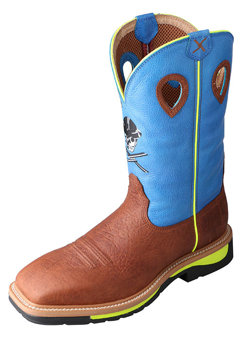 Mens Steel Toe Lite Western Work Boot Brown Oiled Shoulder/Neon Blue
