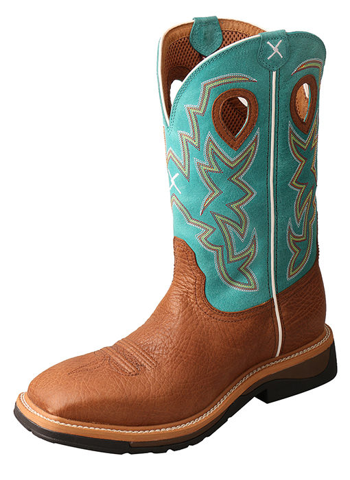 Mens Lite Cowboy Workboot  Cognac Bull Hide/Turquoise  Steel Toe