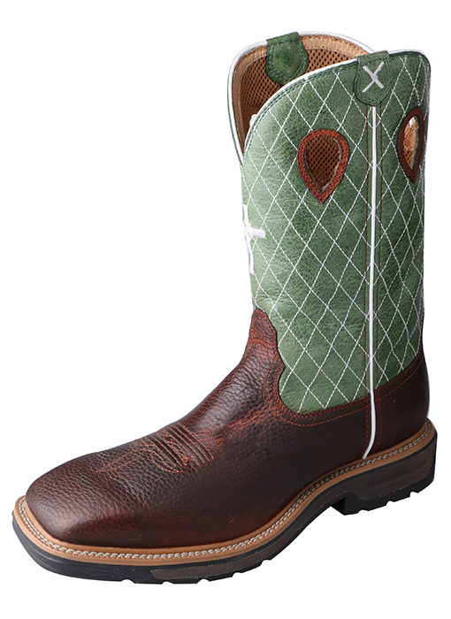 Mens Steel Toe Lite Western Work Boot Cognac Glazed Pebble/Lime  Steel Toe
