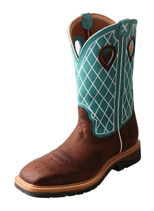Mens Lite Cowboy Workboot  Brown Distressed/Turquoise