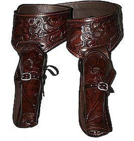 22 Caliber Brown Double Western Leather Gun Holster and Belt 