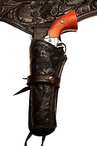 22 Caliber Black LEFT Handed Western/Cowboy Action Style Leather Gun Holster and Belt 